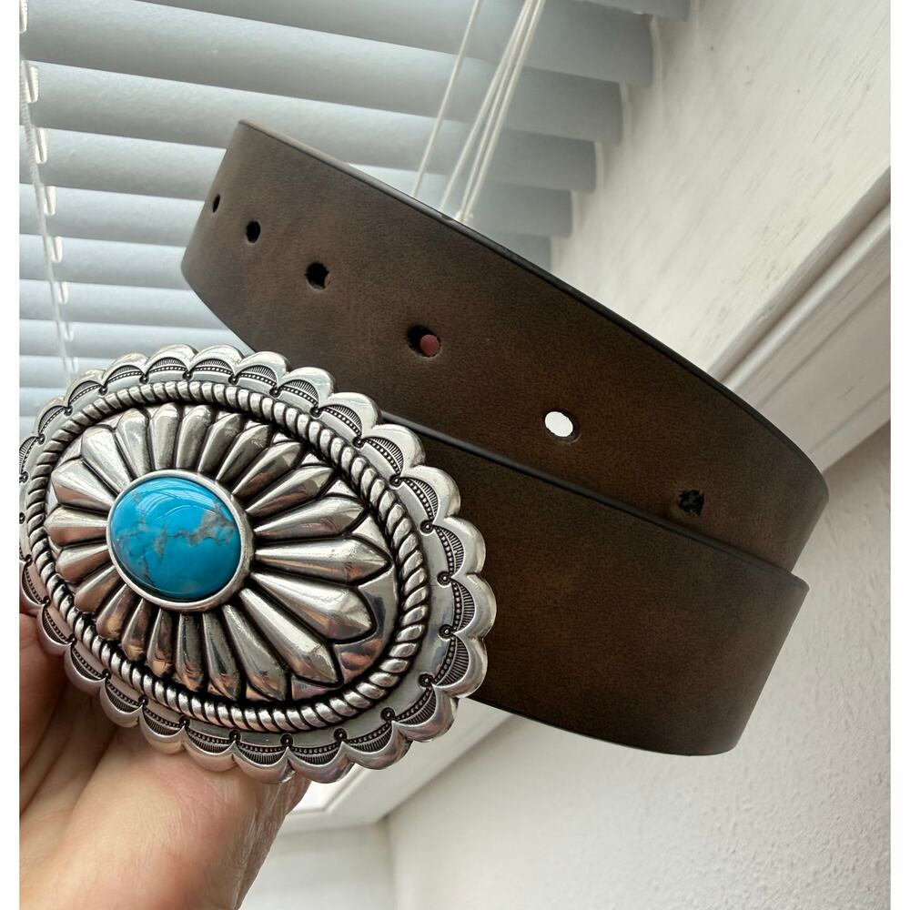 ARIAT | Women's M | Brown Leather Belt Silver Oval Buckle Faux Turquoise EUC - Picture 10 of 10